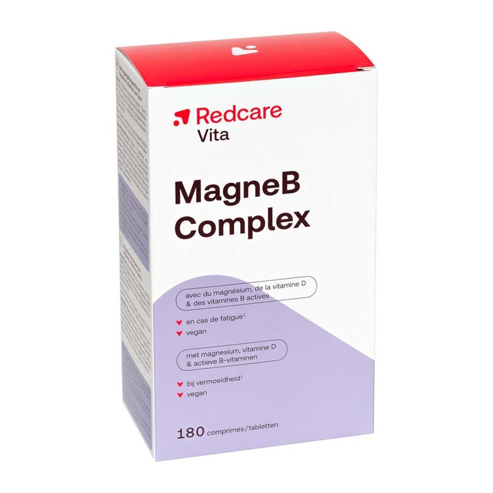 Scatola di Redcare Vita MagneB Complex. Contiene 180 compresse. Scritto: con magnesio, vitamina D e vitamine B attive.