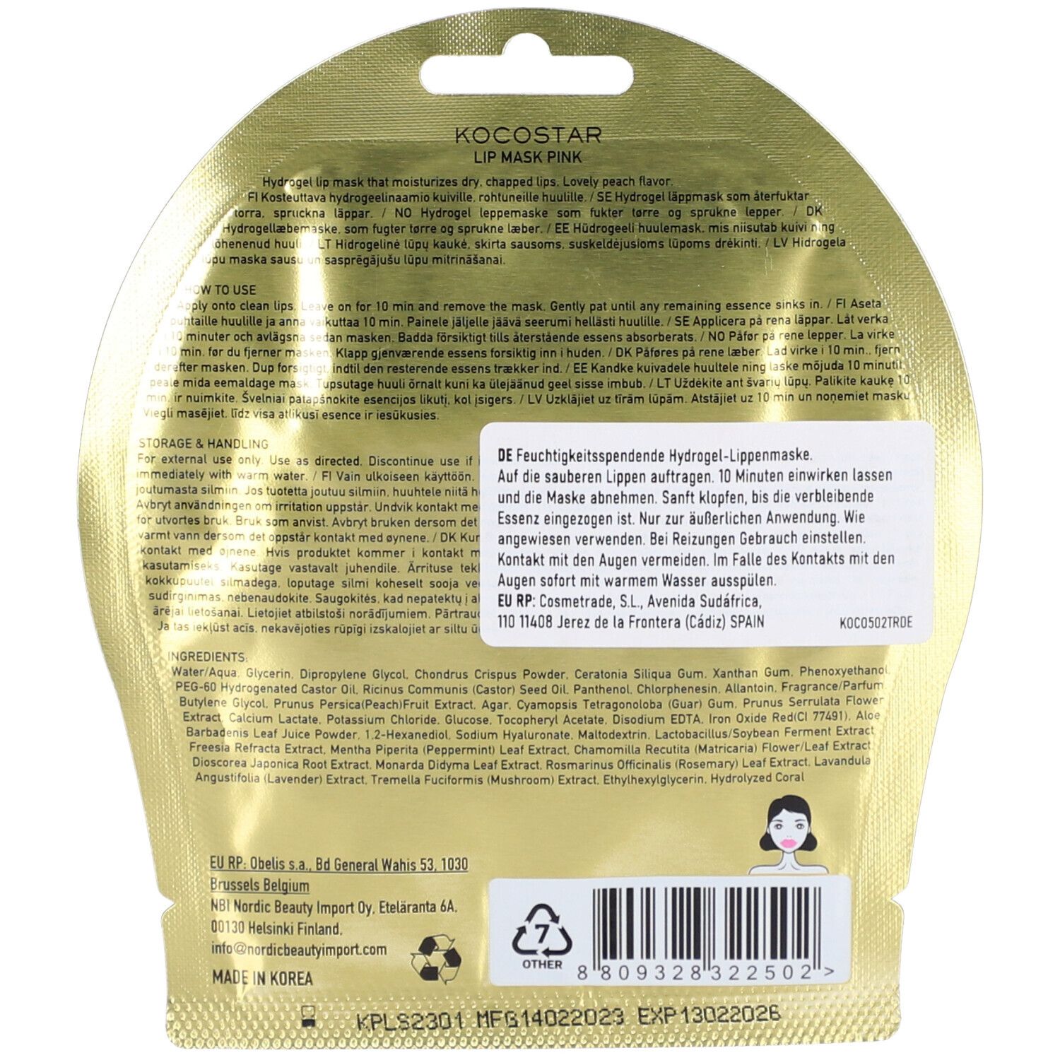 Retro della confezione dorata. Testo multilingue. Ingredienti e informazioni del produttore visibili.