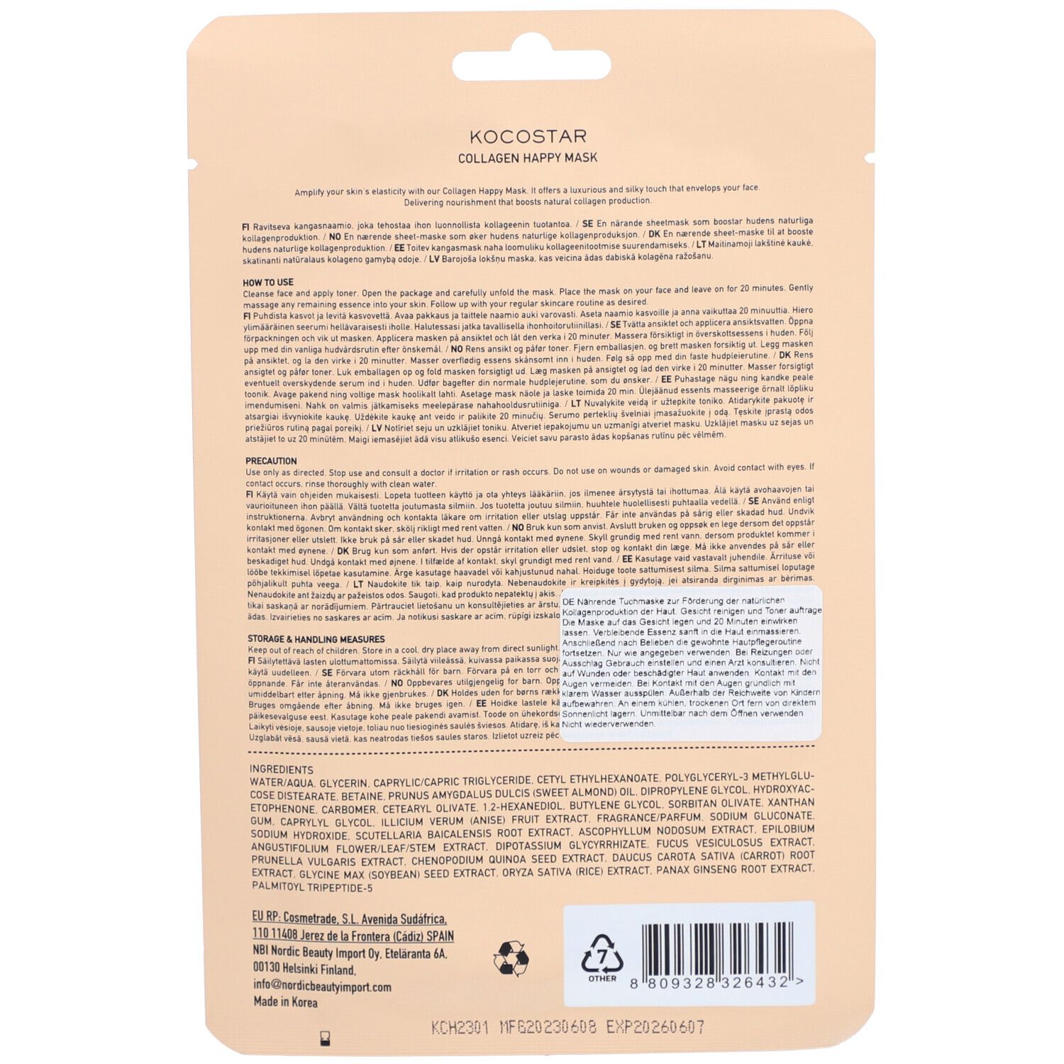 Retro della confezione KOCOSTAR Collagen Happy Mask. Testo multilingue, ingredienti e informazioni del produttore.