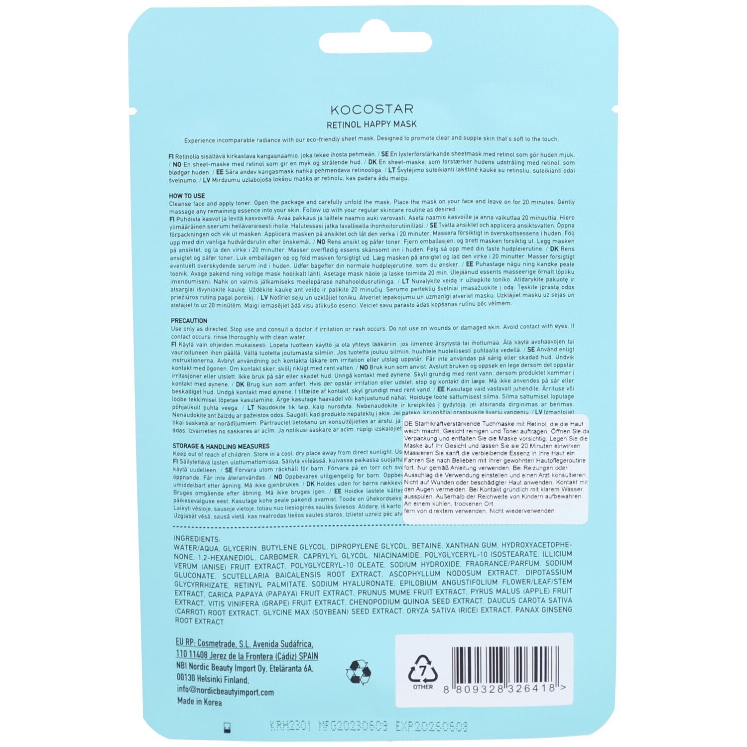 Retro della confezione KOCOSTAR Retinol Happy Mask. Testo multilingue. Ingredienti e istruzioni per l'uso.