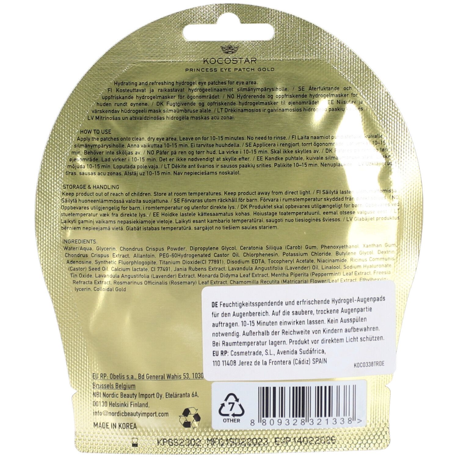 Retro della confezione dorata. Testo in più lingue. Scritta: KOCOSTAR PRINCESS EYE PATCH GOLD. Ingredienti e istruzioni per l'uso.