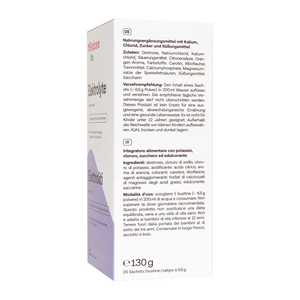 Retro della confezione di elettroliti. Testo in tedesco e italiano. Ingredienti, valori nutrizionali, istruzioni per l'uso.