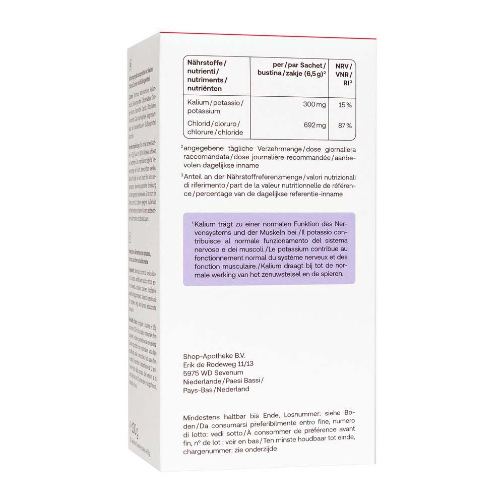 Retro della confezione di elettroliti. Testo in tedesco e italiano. Informazioni nutrizionali, ingredienti, produttore.