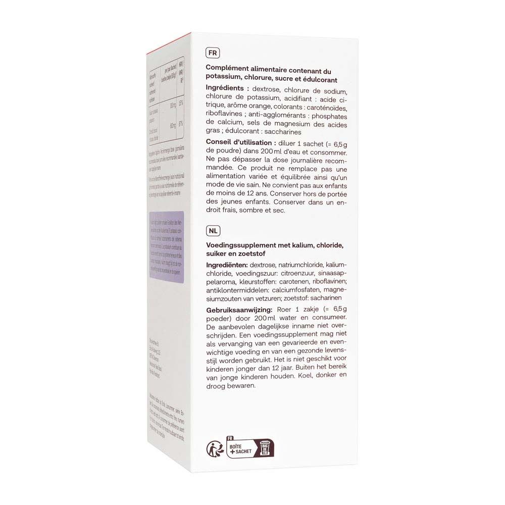 Retro della confezione di elettroliti. Testo in francese e olandese. Ingredienti, istruzioni per l'uso, valori nutrizionali.