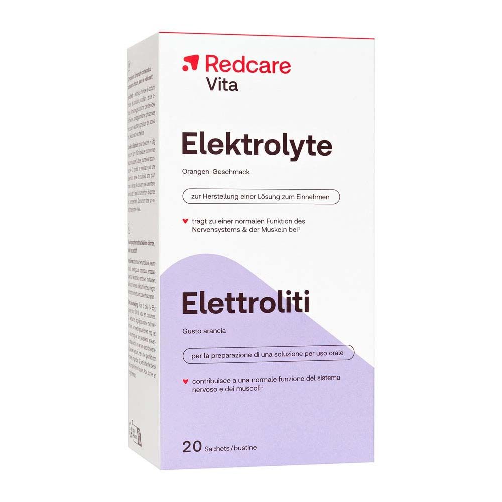 Confezione di polvere di elettroliti Redcare Vita. 20 bustine. Testo: Elettroliti, gusto arancia. Per soluzione orale.