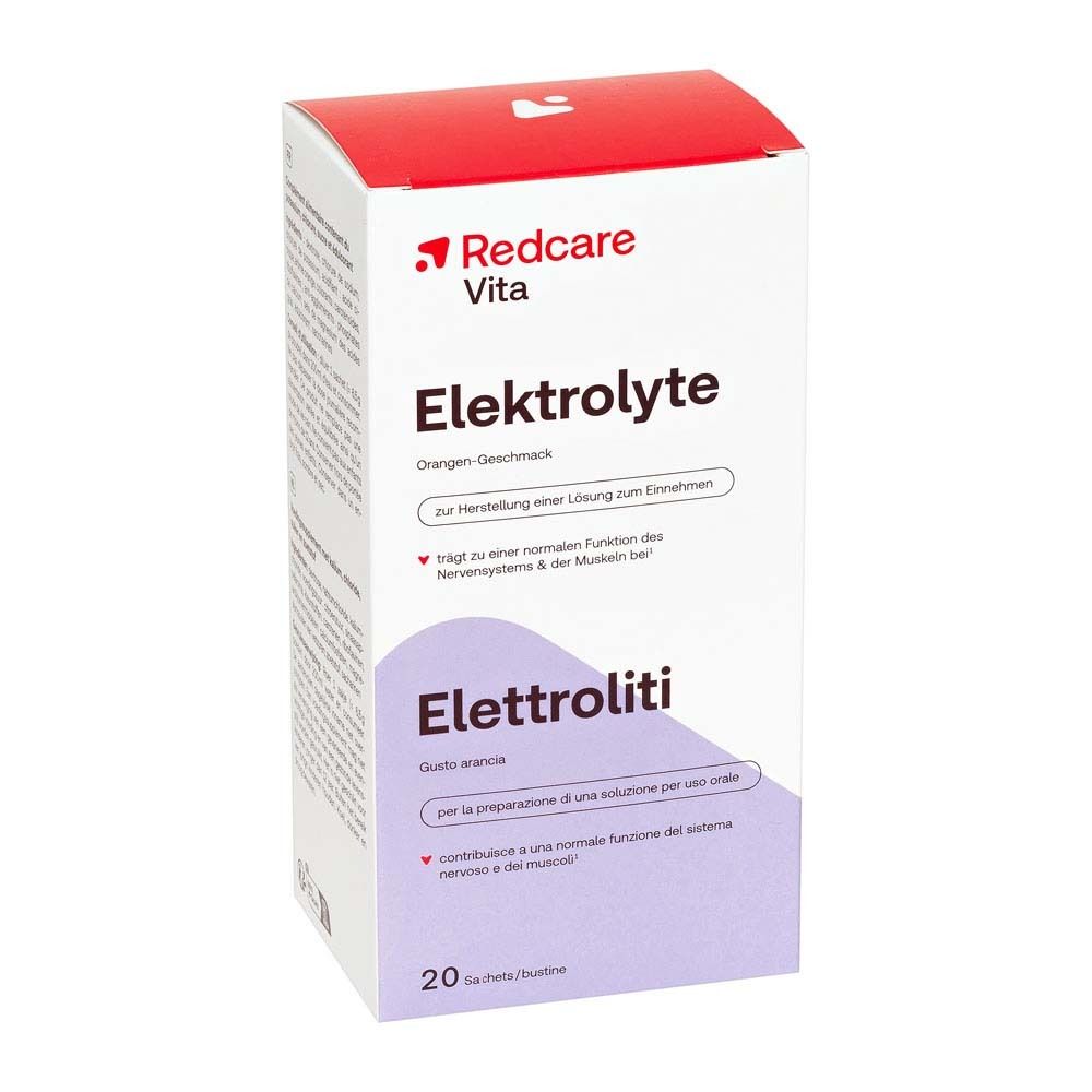 Confezione di polvere di elettroliti Redcare Vita. 20 bustine. Testo: Elettroliti, gusto arancia. Per soluzione orale.