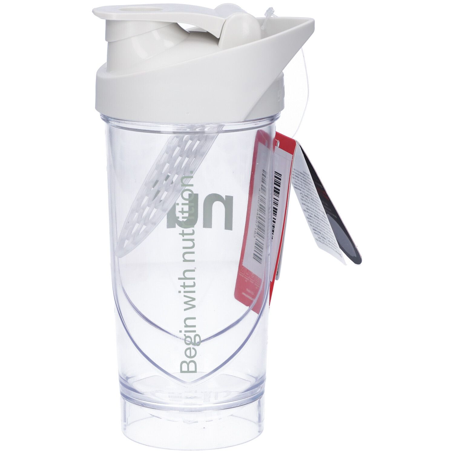 Shaker bianco con coperchio bianco e logo verde. Contenitore trasparente. Etichetta rossa con testo. Include una sfera.