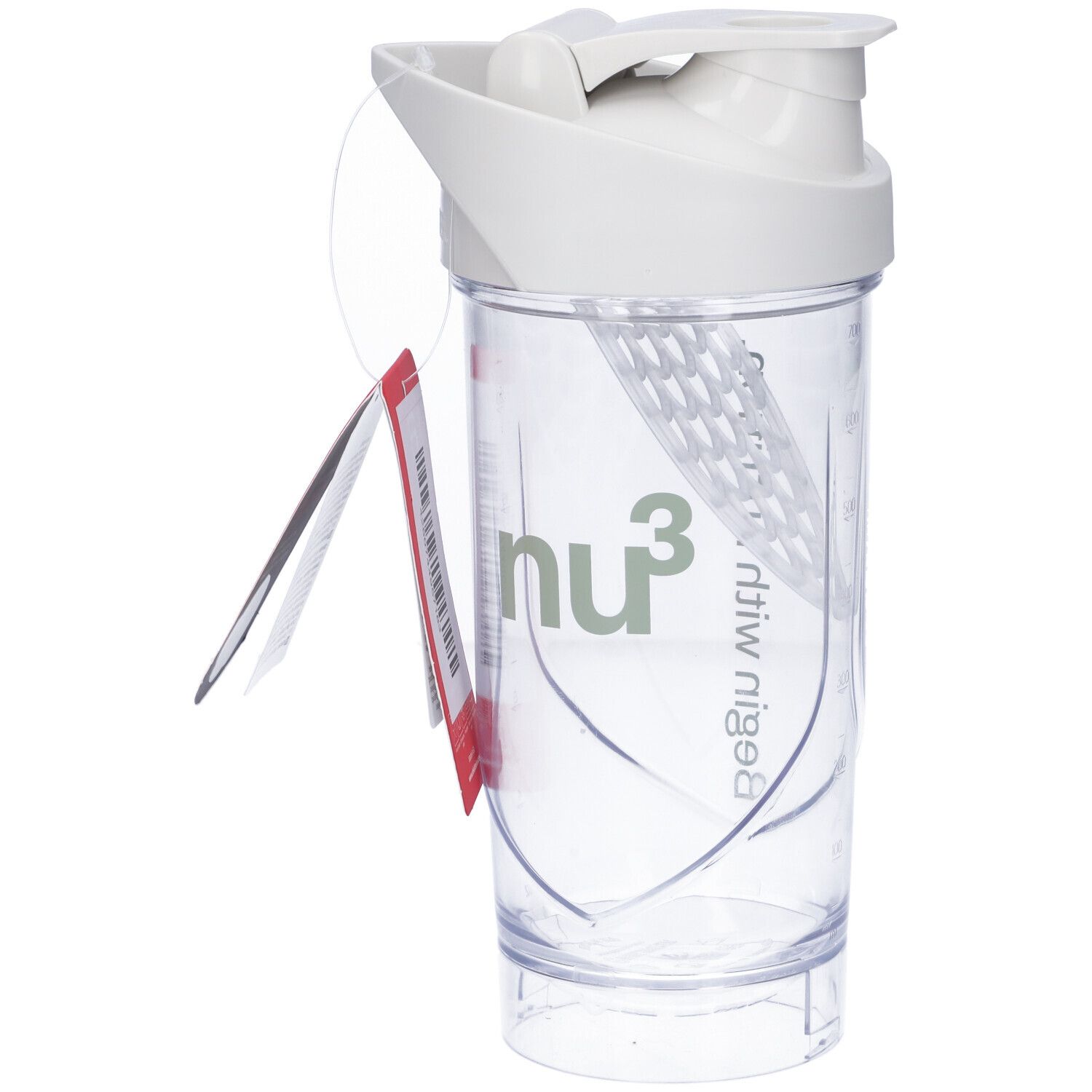 Shaker bianco con coperchio bianco e logo verde. Contenitore trasparente. Etichetta rossa con testo. Senza sfera miscelatrice.
