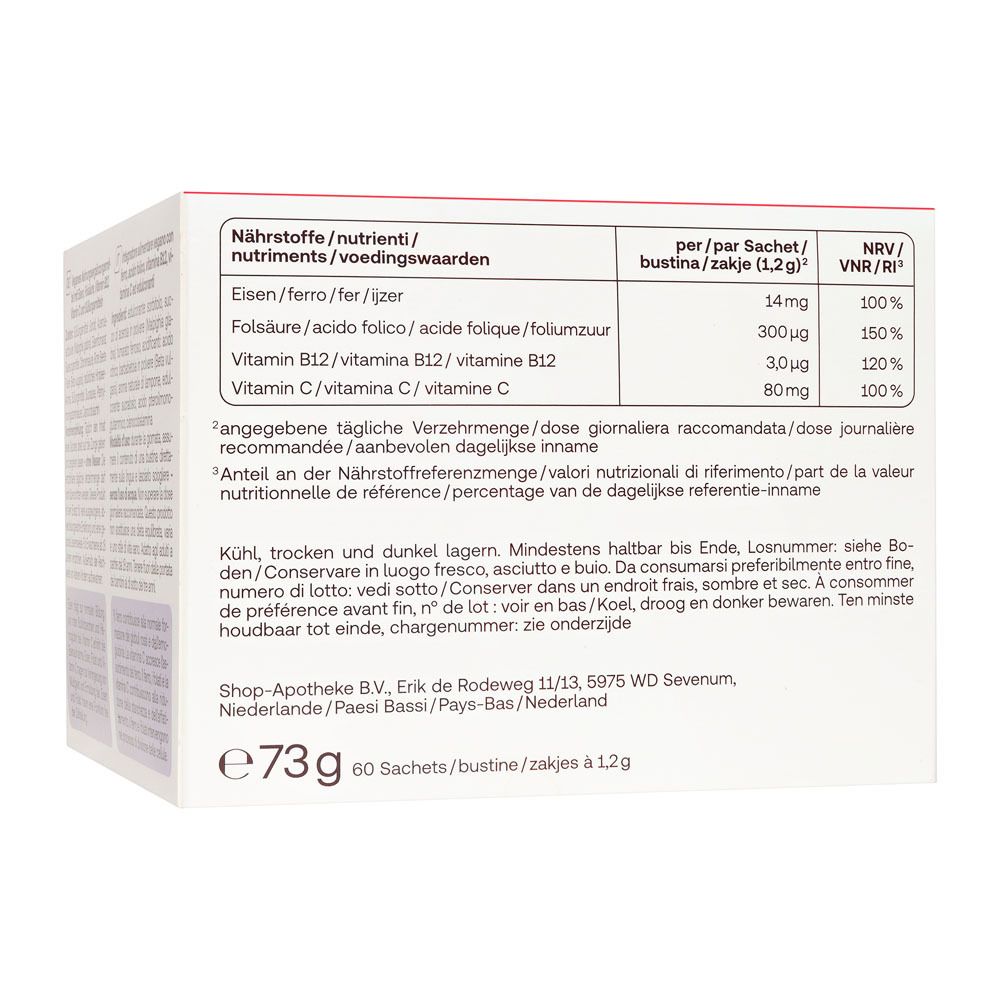 Retro della confezione Redcare Vita Eisen Plus Direkt. Tabella nutrizionale.