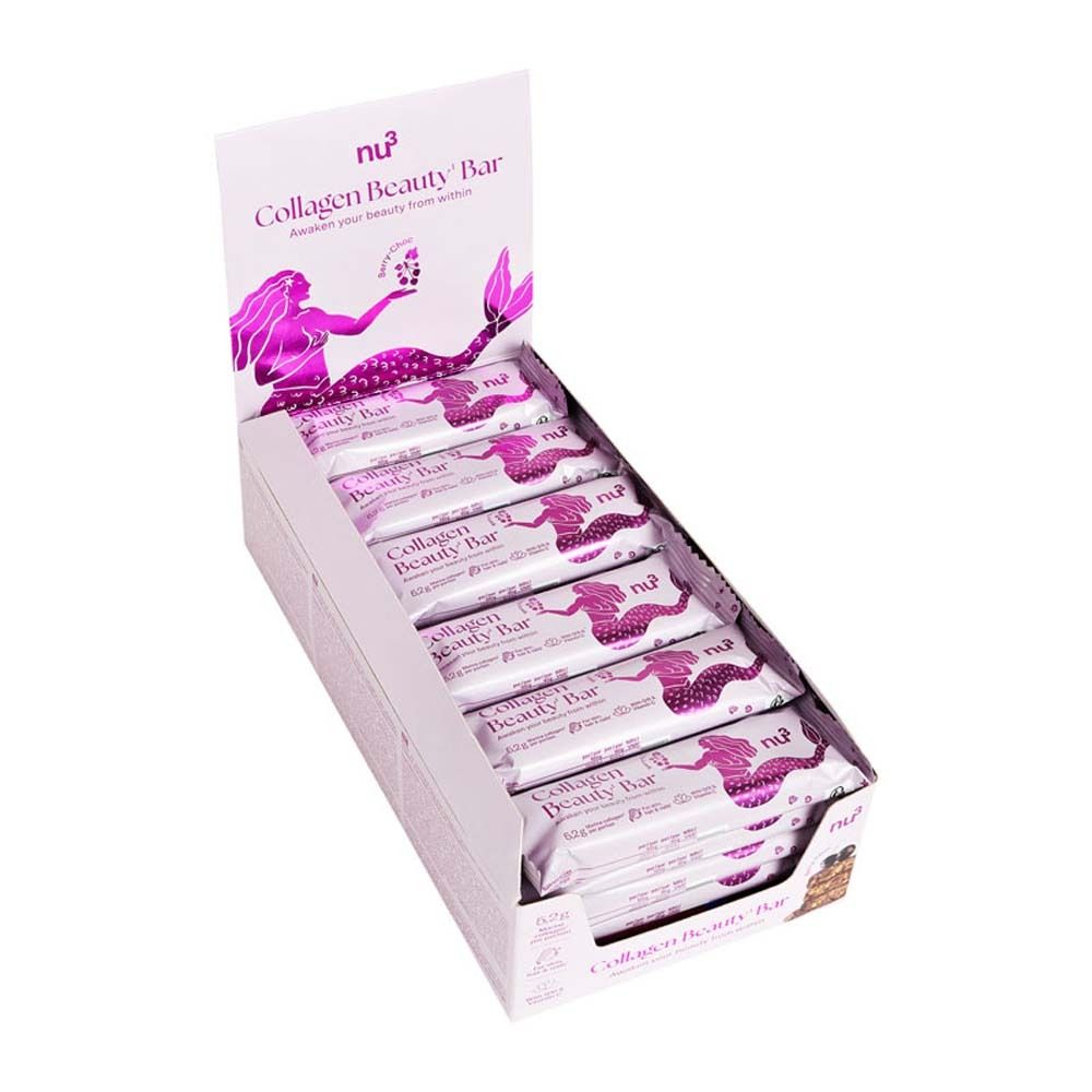 Scatola di Collagen Beauty Bar. Diverse barrette in confezione bianca. Stampa sirena e informazioni sul prodotto.