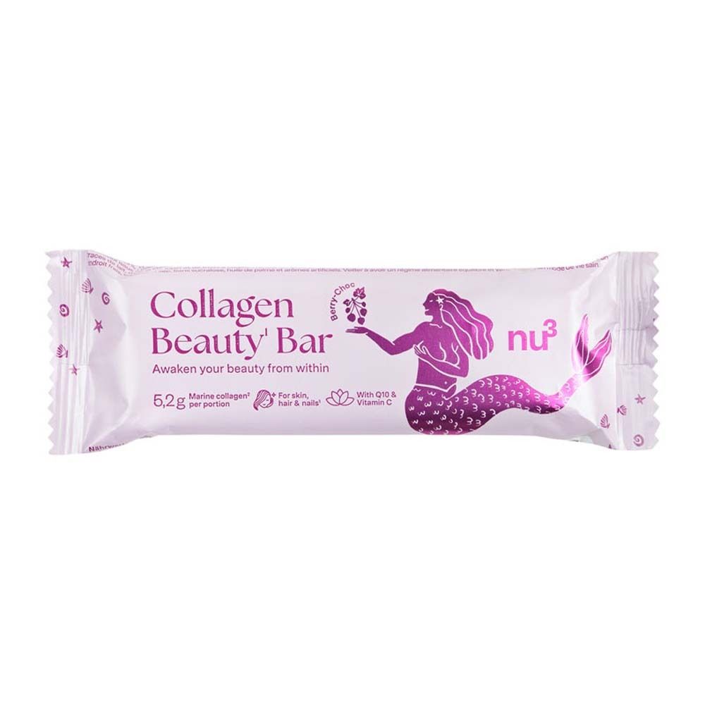 Singola Collagen Beauty Bar. Confezione bianca con stampa. Illustrazione sirena e informazioni sul prodotto.