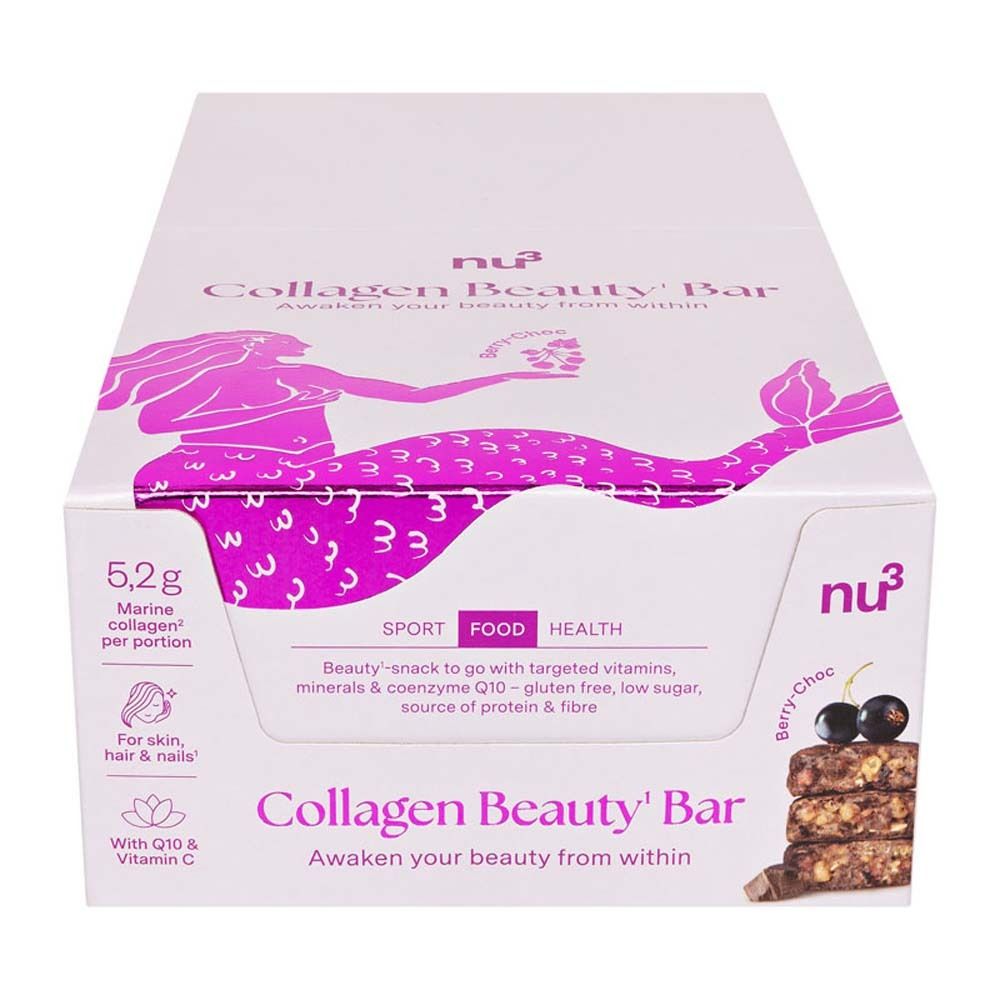 Scatola di Collagen Beauty Bar. Stampa sirena, nome prodotto e informazioni. Singole barrette visibili.