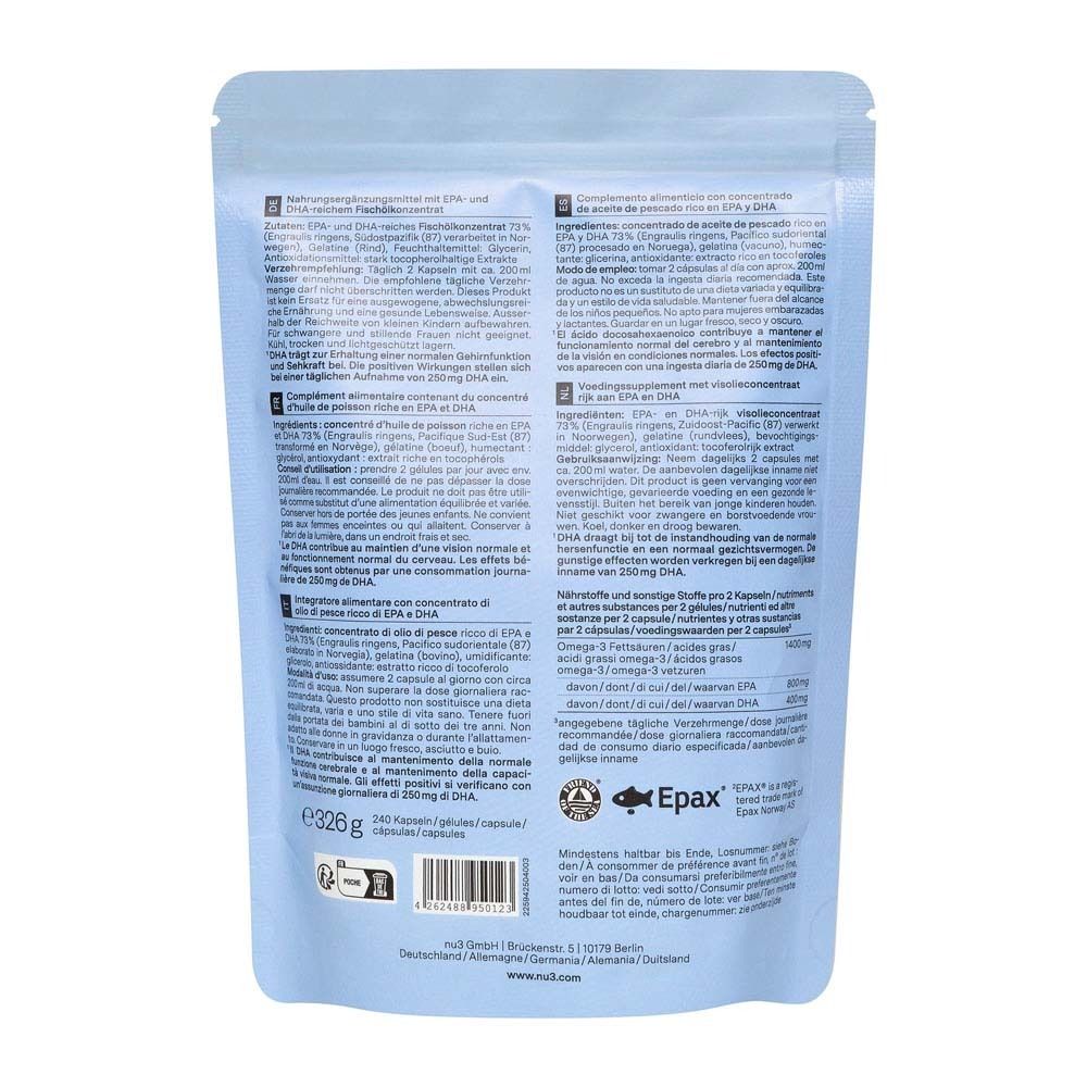 Retro della confezione a sacchetto azzurro con testo multilingue. Contiene informazioni sugli ingredienti e nutrizionali.