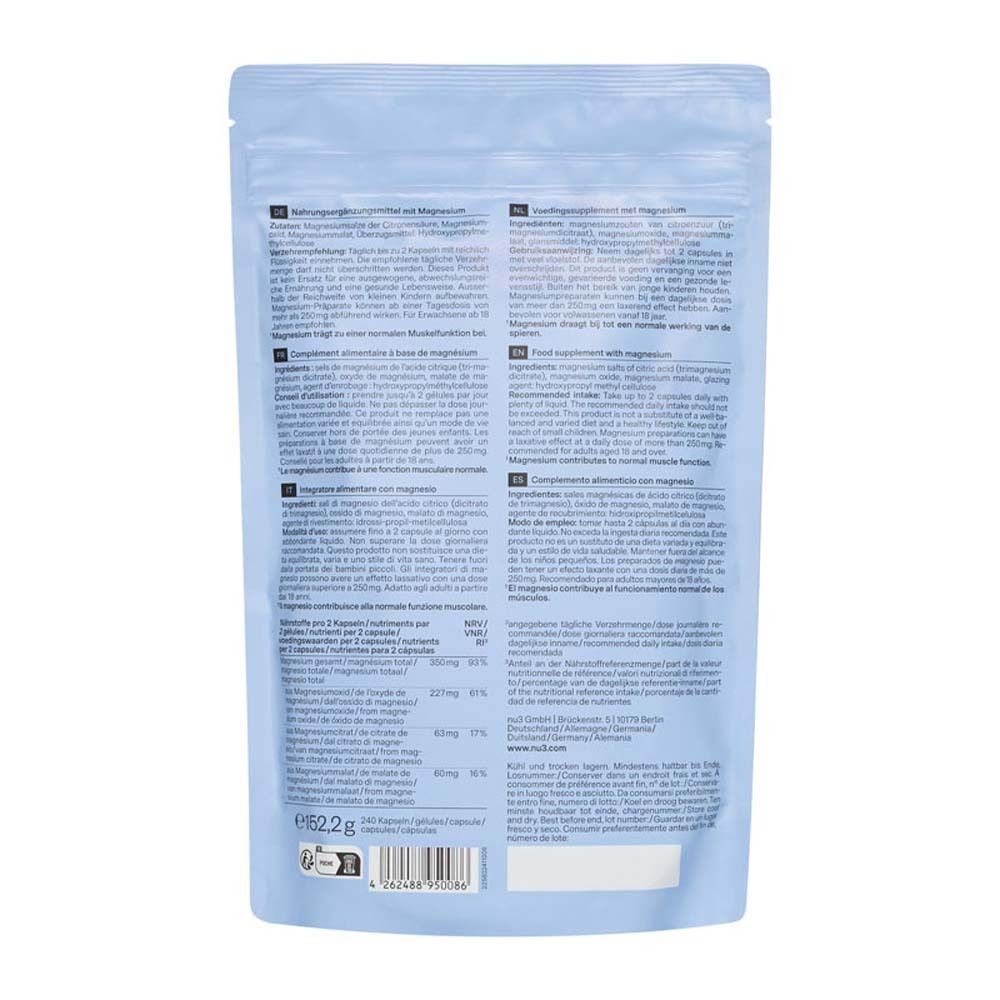 Retro della confezione a sacchetto azzurro « nu3 Magnesium Komplex ». Contiene informazioni sugli ingredienti, i valori nutrizionali e l'uso in più lingue.