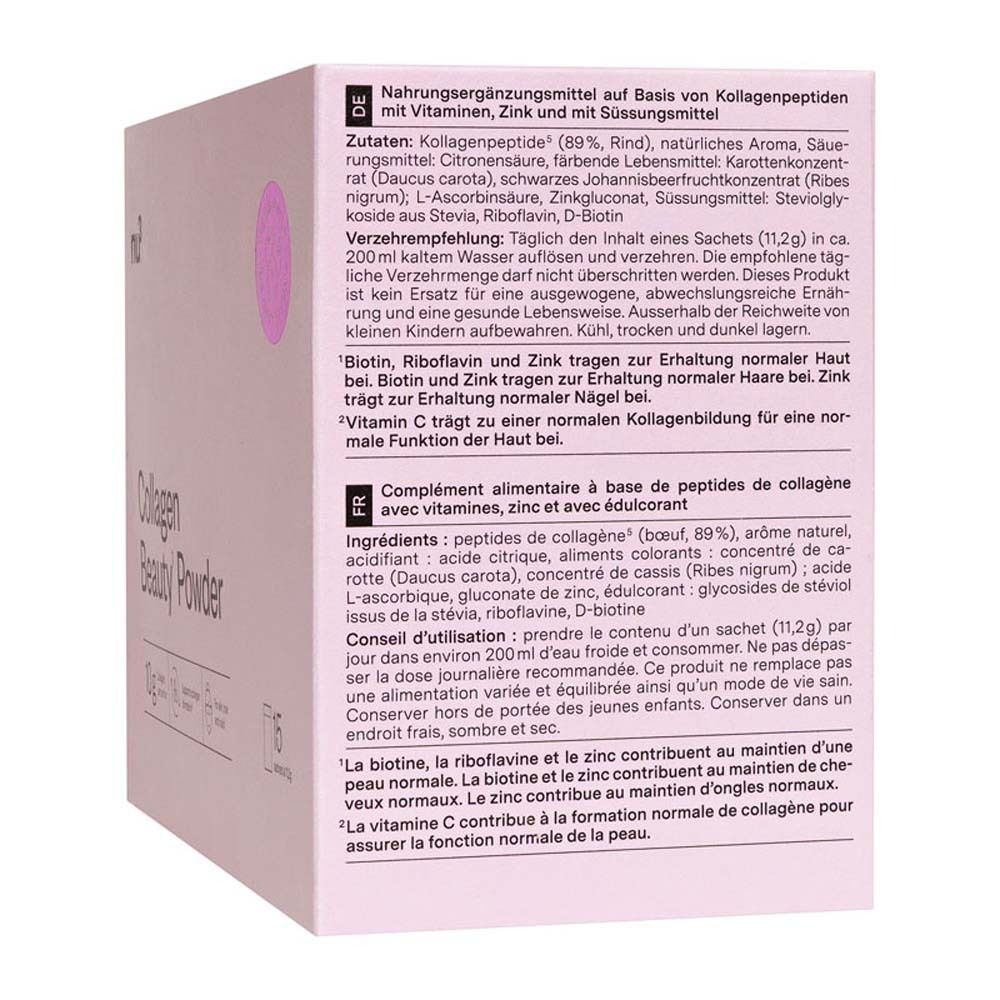 Confezione rosa con testo e informazioni sugli ingredienti. Contiene Collagen Beauty' Powder.