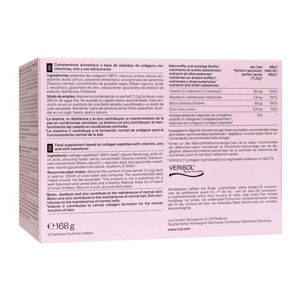 Retro della confezione rosa con testo e informazioni sugli ingredienti. Contiene Collagen Beauty' Powder.