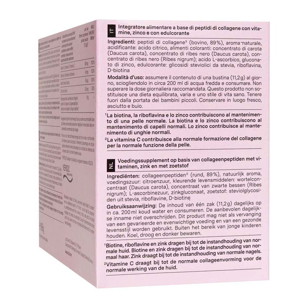 Retro della confezione rosa con testo e informazioni sugli ingredienti. Contiene Collagen Beauty' Powder.