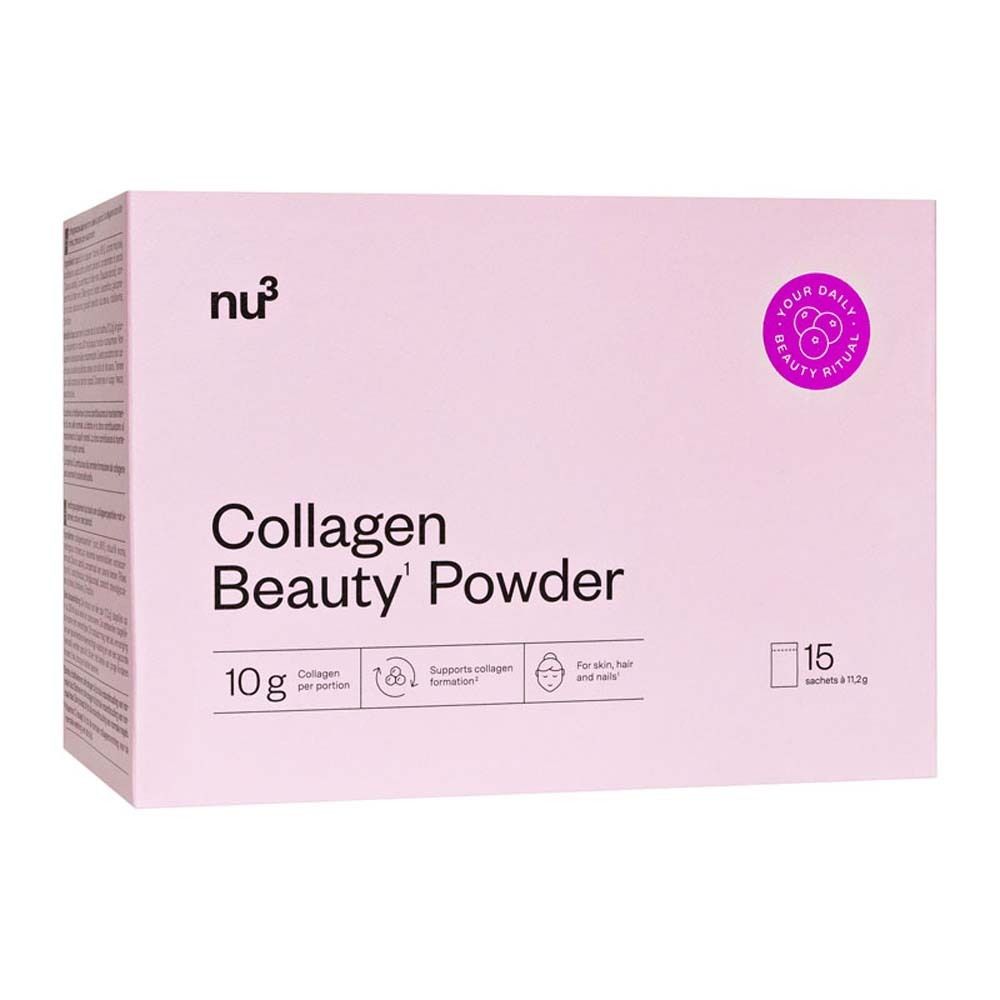 Confezione rosa con logo nu3 e scritta Collagen Beauty' Powder. Contiene 15 bustine.