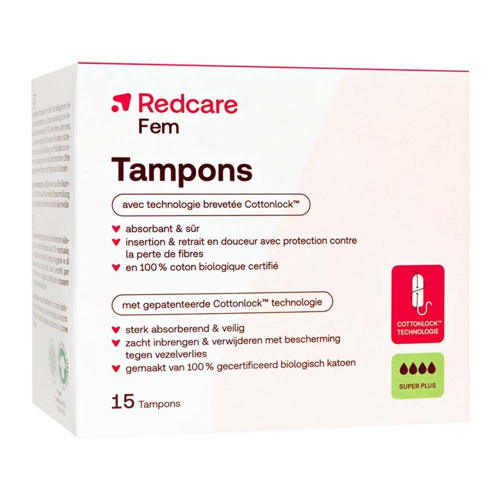 Confezione di Redcare Fem Tampons. Contiene 15 tamponi. Con tecnologia Cottonlock e assorbenza Super Plus.