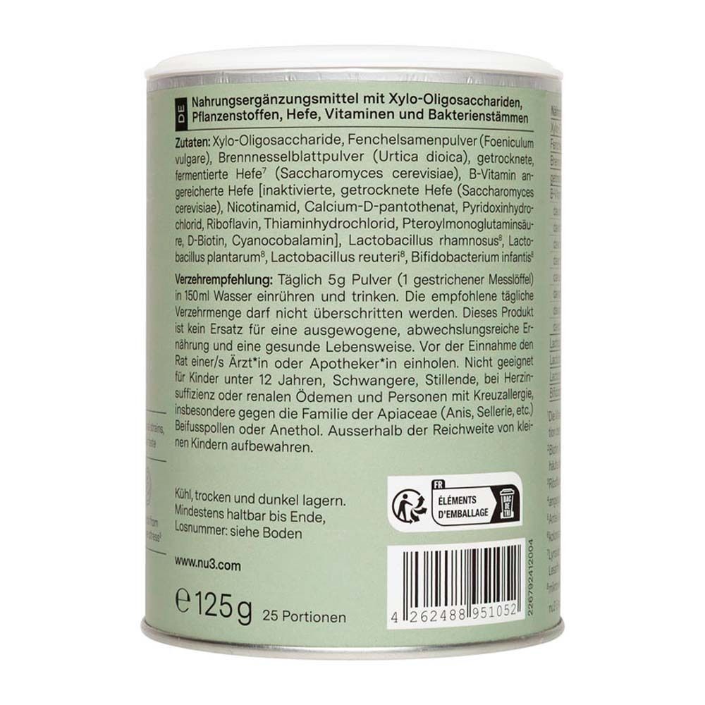 Retro del barattolo. Elenco degli ingredienti, valori nutrizionali e raccomandazioni per l'uso. Contiene xilo-oligosaccaridi, lievito, vitamine.
