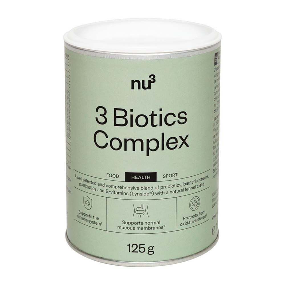 Barattolo cilindrico con coperchio. Scritta: nu3, 3 Biotics Complex, 125g. Contiene pre-, pro- e postbiotici, vitamine B.