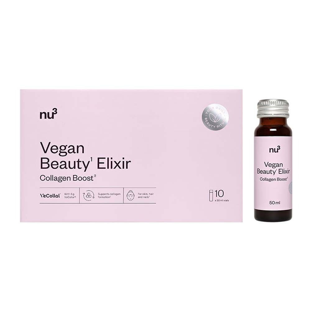 Scatola e bottiglia di nu3 Vegan Beauty Elixir Collagen Boost. Bottiglia da 50 ml. 10 bottiglie per confezione.