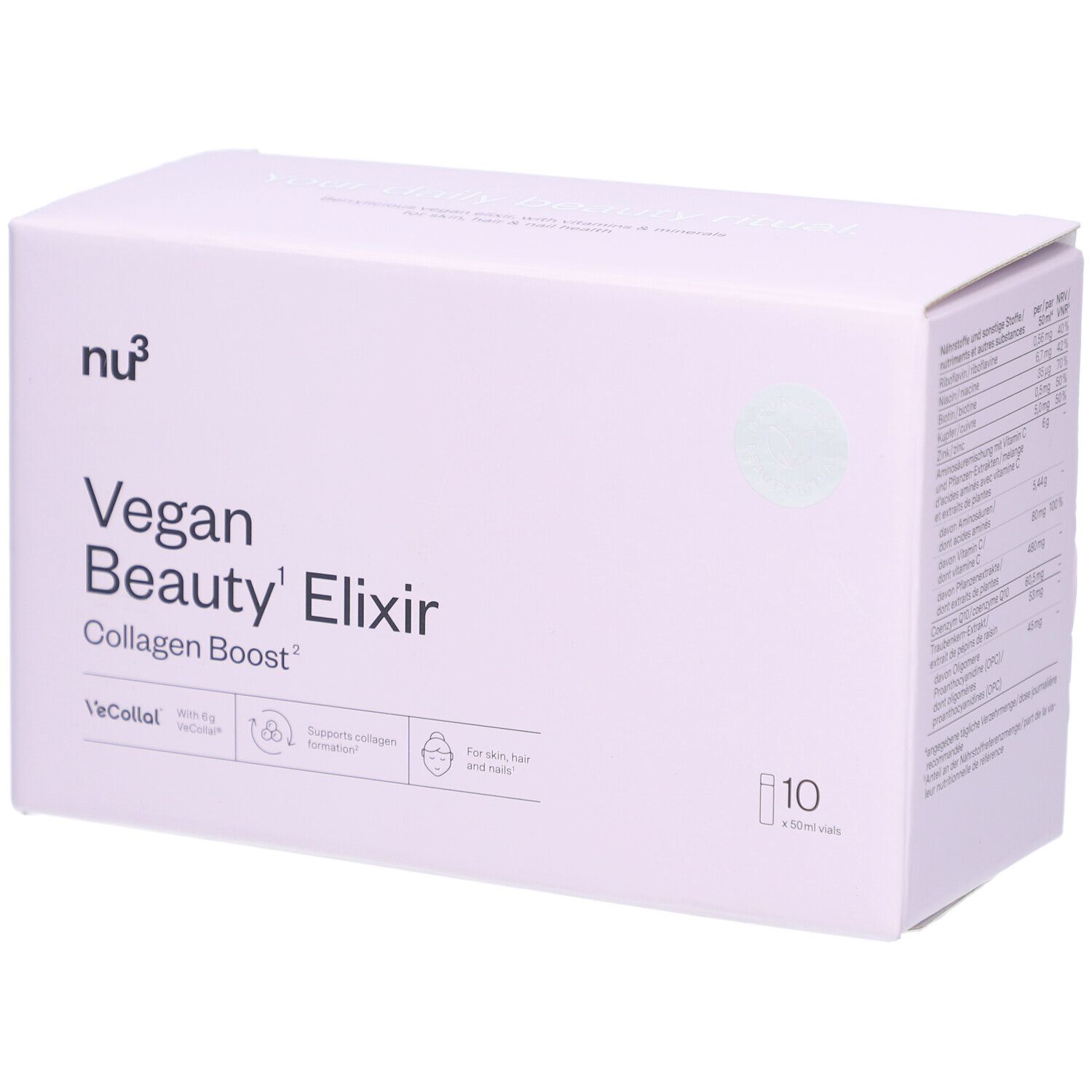 Scatola rosa con nu3 Vegan Beauty Elixir Collagen Boost. 10 bottiglie. Logo, nome del prodotto e icone.