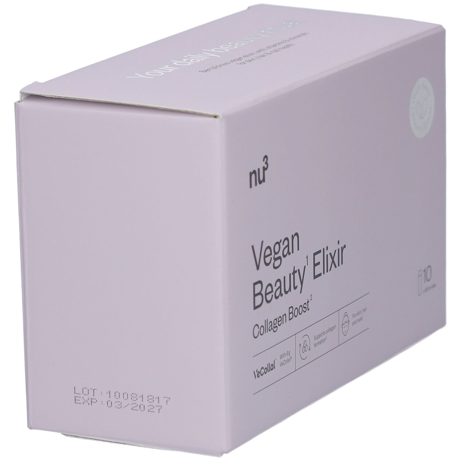Scatola rosa con nu3 Vegan Beauty Elixir Collagen Boost. Logo, nome del prodotto, 10 bottiglie. Scadenza.
