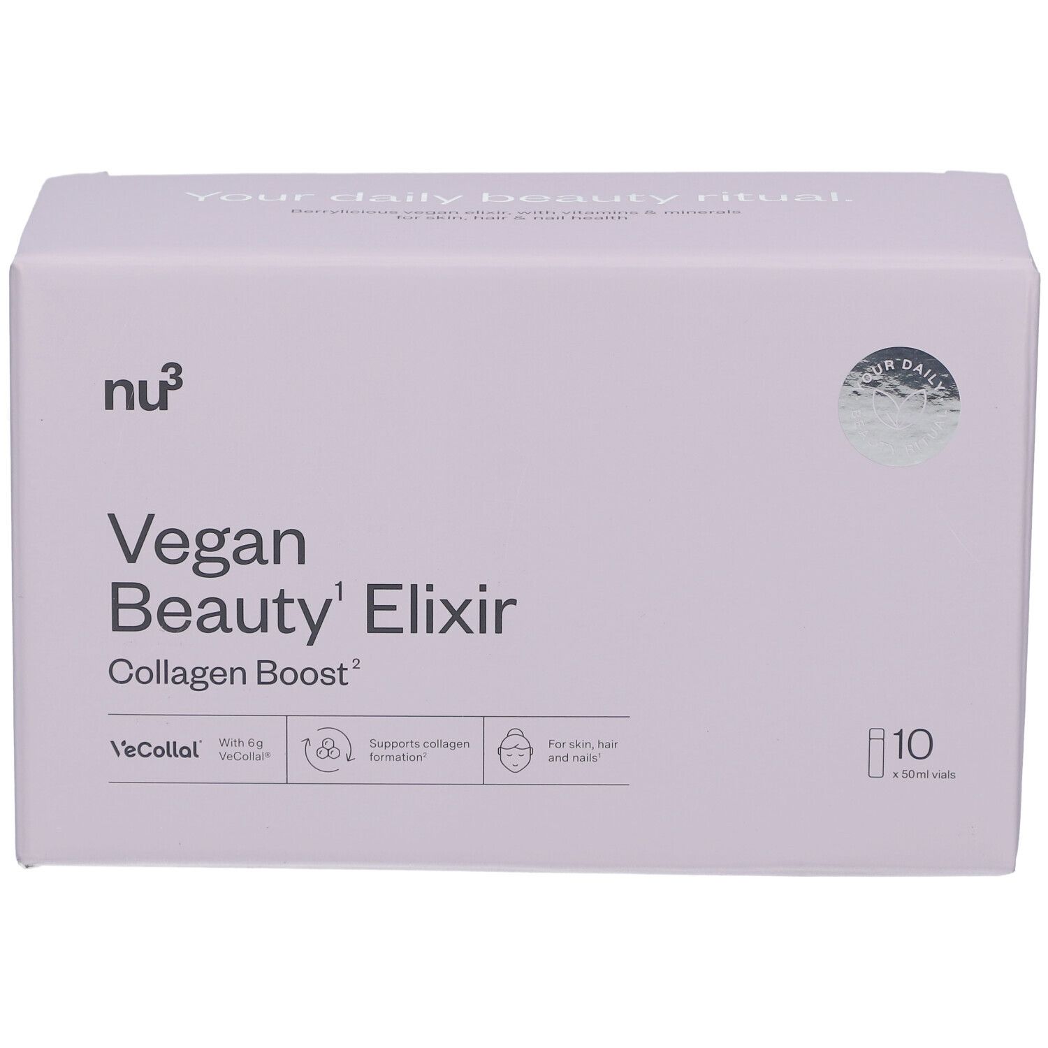 Scatola rosa con nu3 Vegan Beauty Elixir Collagen Boost. 10 bottiglie. Logo, nome del prodotto e icone.