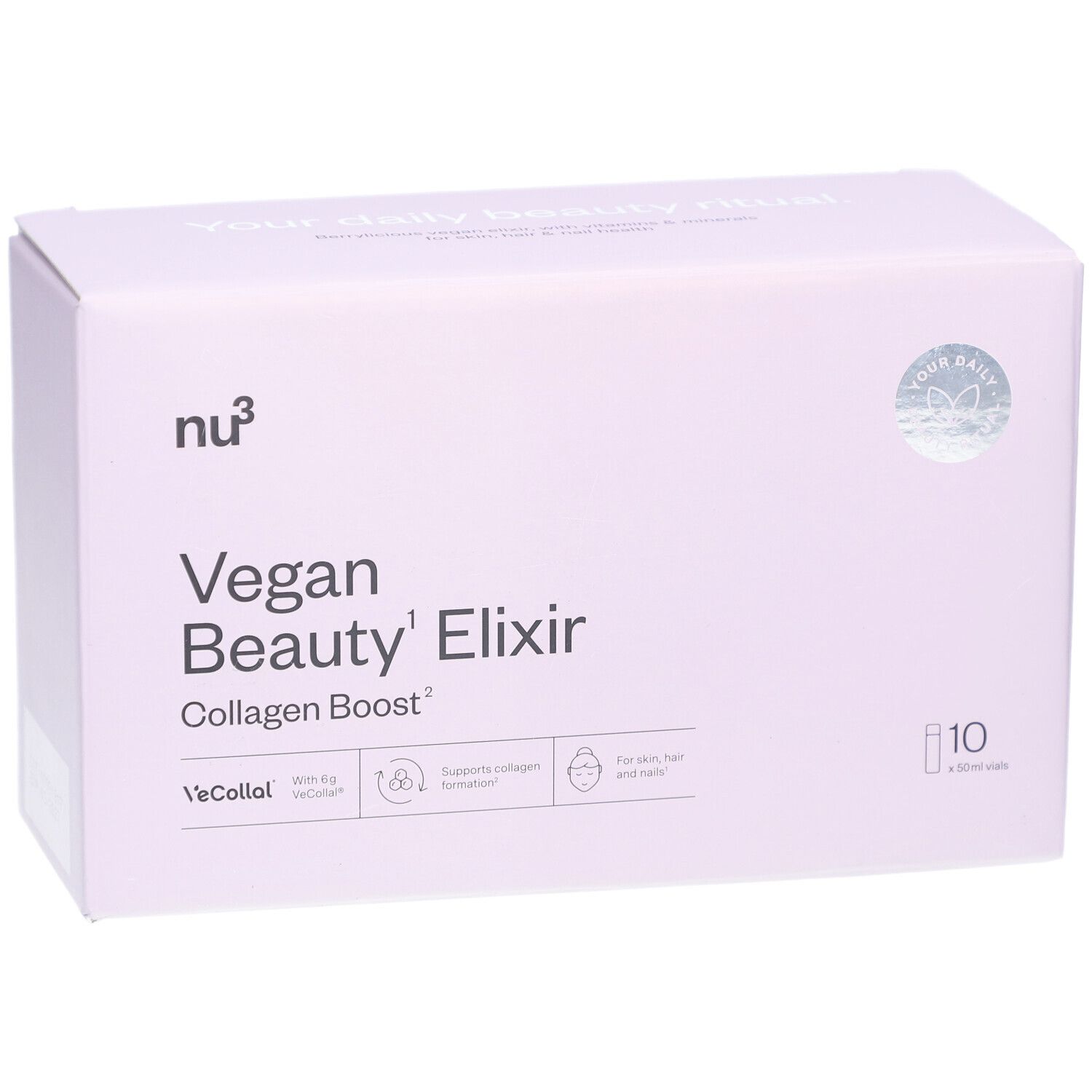 Scatola rosa con nu3 Vegan Beauty Elixir Collagen Boost. 10 bottiglie. Logo, nome del prodotto e icone.
