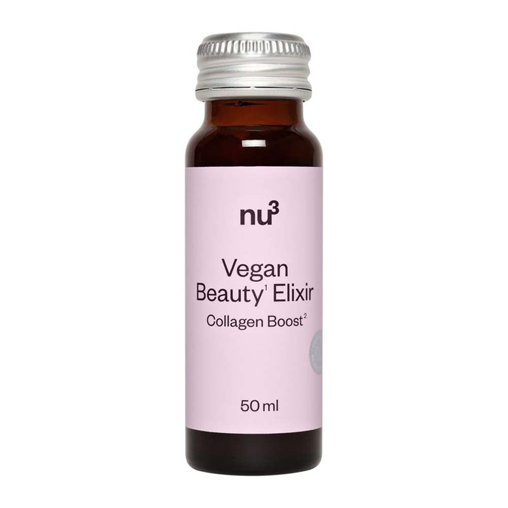 Bottiglia di vetro marrone di nu3 Vegan Beauty Elixir Collagen Boost. Bottiglia da 50 ml con tappo argentato.