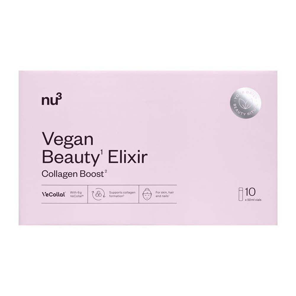 Scatola rosa con nu3 Vegan Beauty Elixir Collagen Boost. 10 bottiglie. Logo, nome del prodotto e icone.