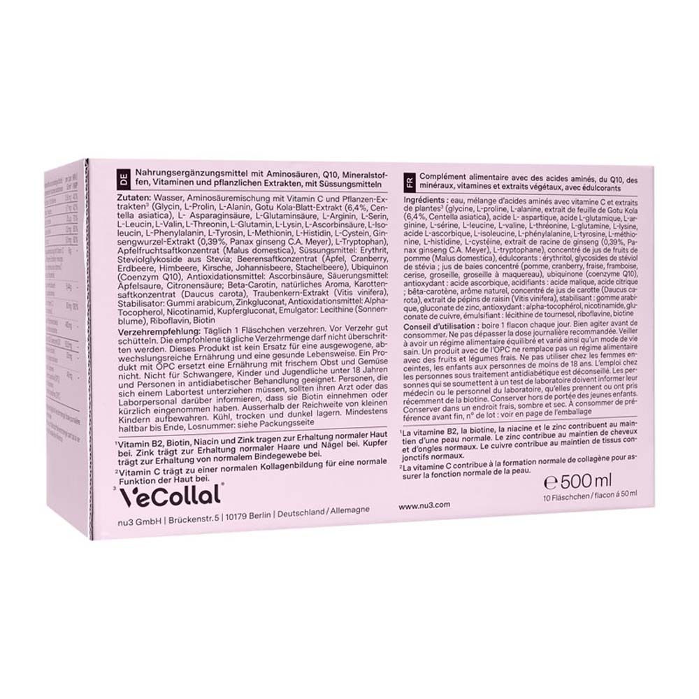 Retro della confezione di nu3 Vegan Beauty Elixir Collagen Boost. Ingredienti e istruzioni per l'uso.