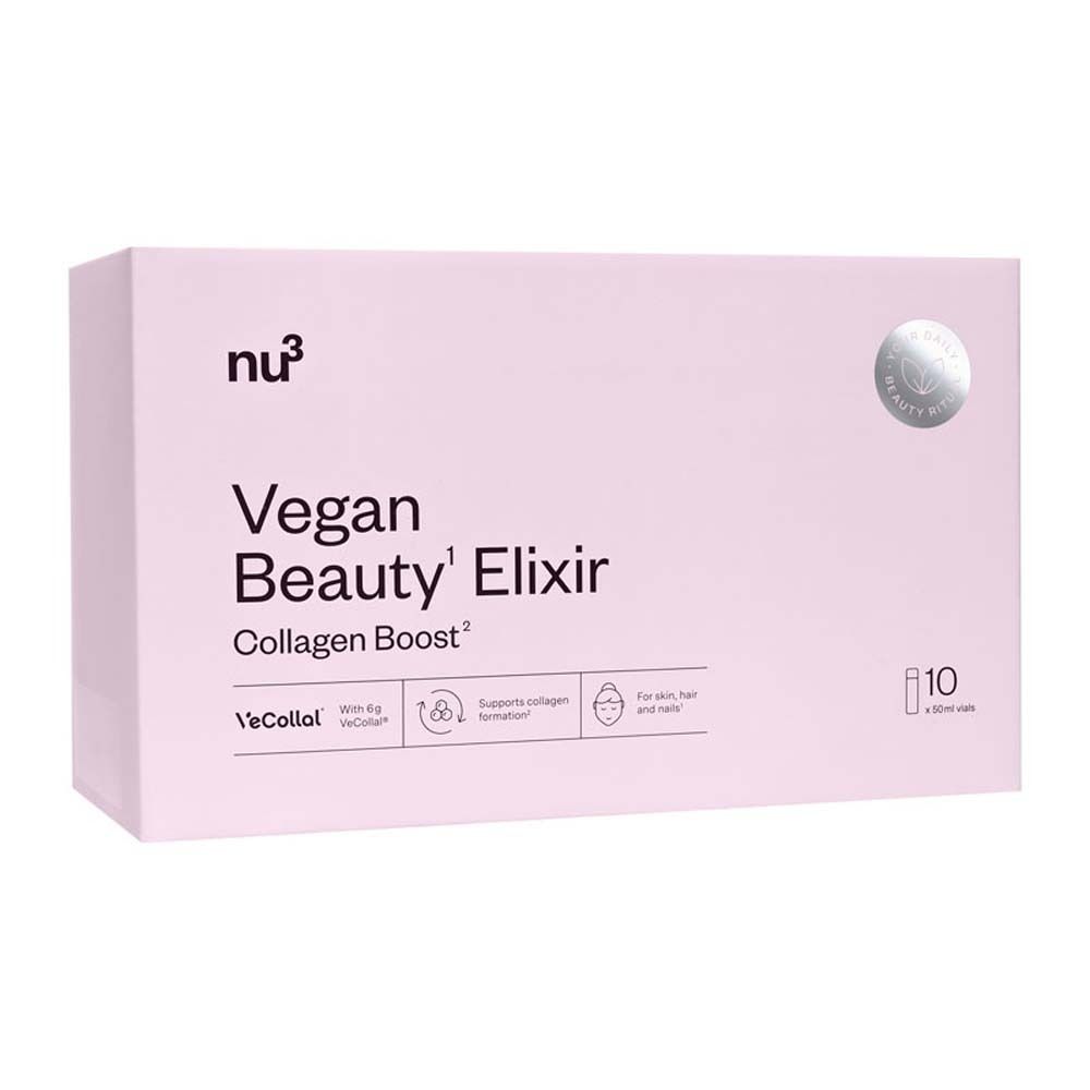 Scatola rosa con nu3 Vegan Beauty Elixir Collagen Boost. 10 bottiglie. Logo, nome del prodotto e icone.