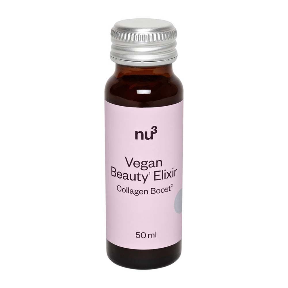 Bottiglia di vetro marrone di nu3 Vegan Beauty Elixir Collagen Boost. Bottiglia da 50 ml con tappo argentato.