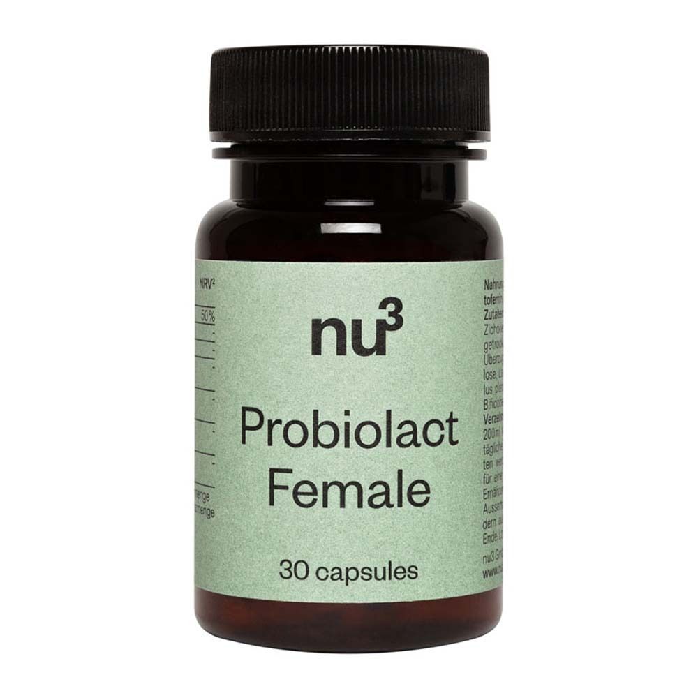 Una bottiglia marrone con tappo nero. L'etichetta riporta "nu3 Probiolact Female" e altre informazioni sul prodotto.