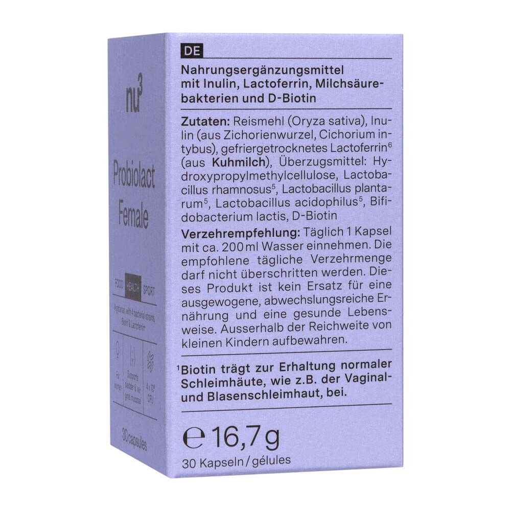 Retro di una scatola di nu3 Probiolact Female con informazioni nutrizionali e ingredienti.