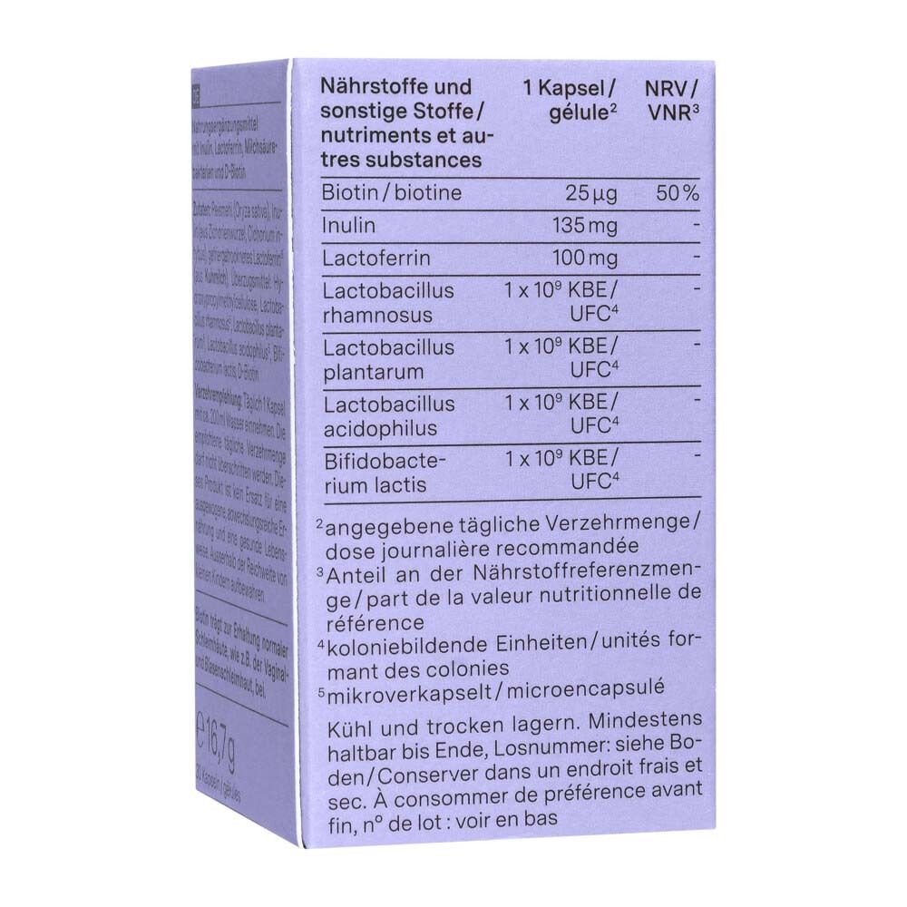 Vista laterale di una scatola di nu3 Probiolact Female con informazioni nutrizionali dettagliate.