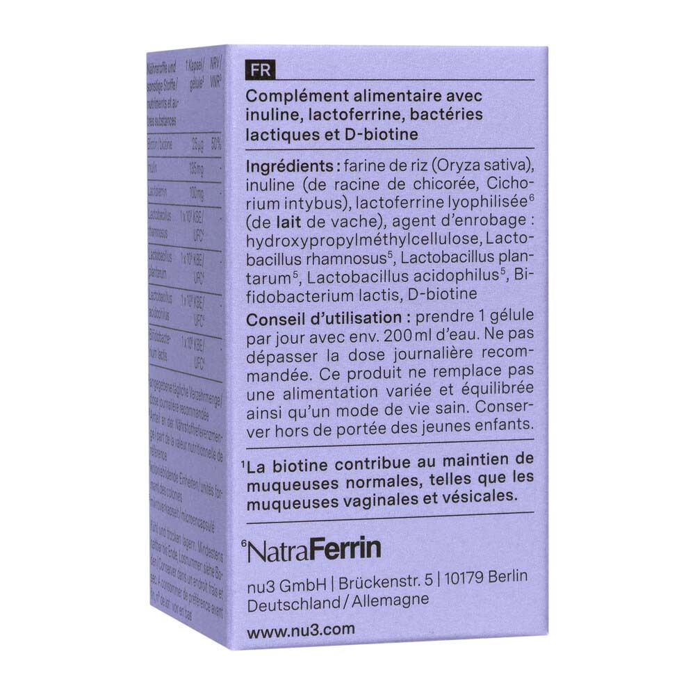 Vista laterale di una scatola di nu3 Probiolact Female con informazioni in francese e tedesco.