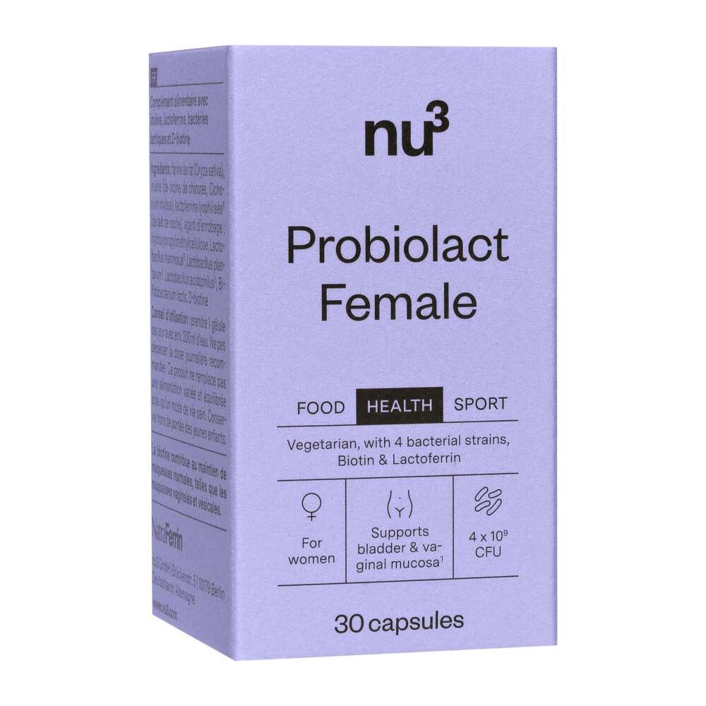 Una scatola di nu3 Probiolact Female con informazioni per le donne.