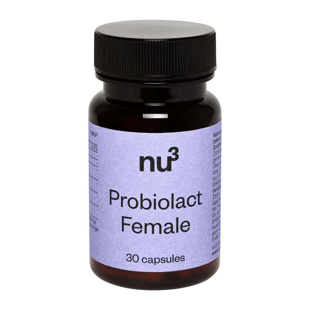 Un flacone di nu3 Probiolact Female da 30 capsule, primo piano.