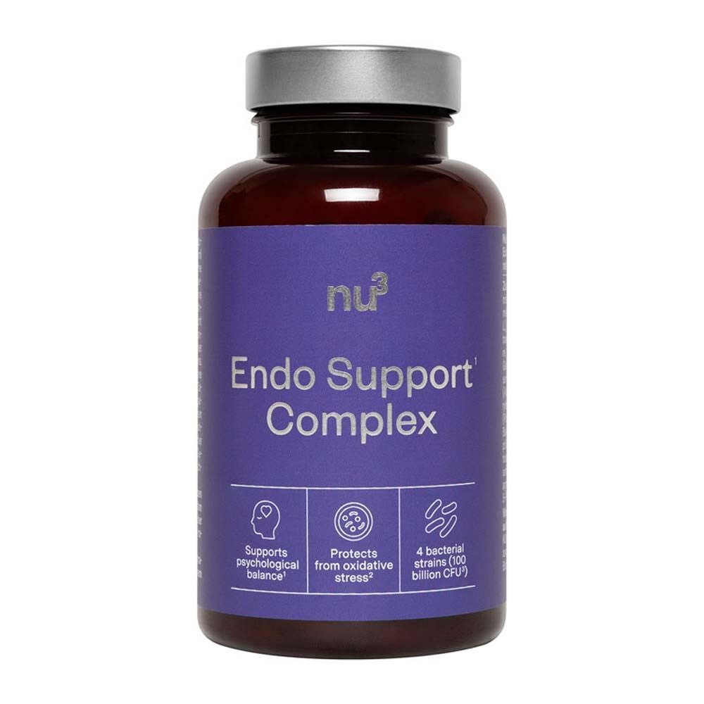 Flacone marrone con etichetta blu. Scritta: nu3 Endo Support Complex. Contiene 120 capsule.