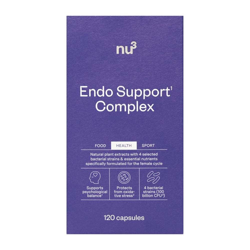 Confezione blu con scritta: nu3 Endo Support Complex. Contiene 120 capsule. Per salute, sport.