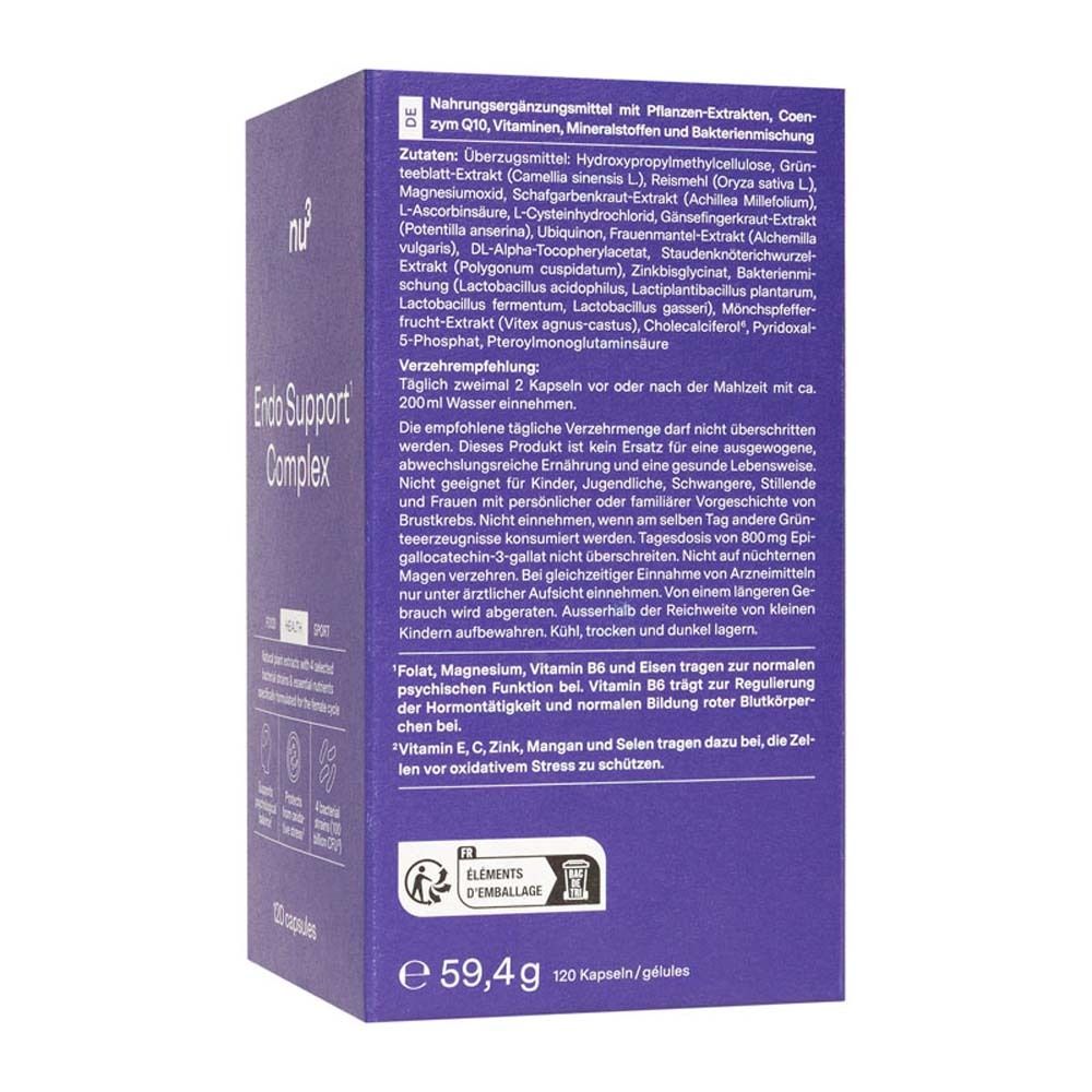 Retro della confezione blu. Contiene informazioni sugli ingredienti e sui valori nutrizionali. Scritta: nu3 Endo Support Complex.