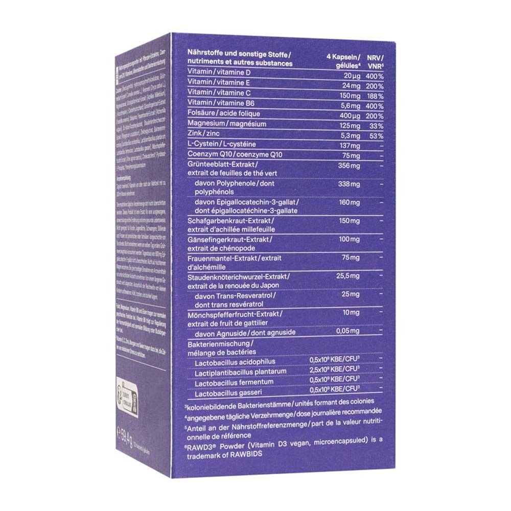 Retro della confezione blu. Contiene informazioni sugli ingredienti e sui valori nutrizionali. Scritta: nu3 Endo Support Complex.