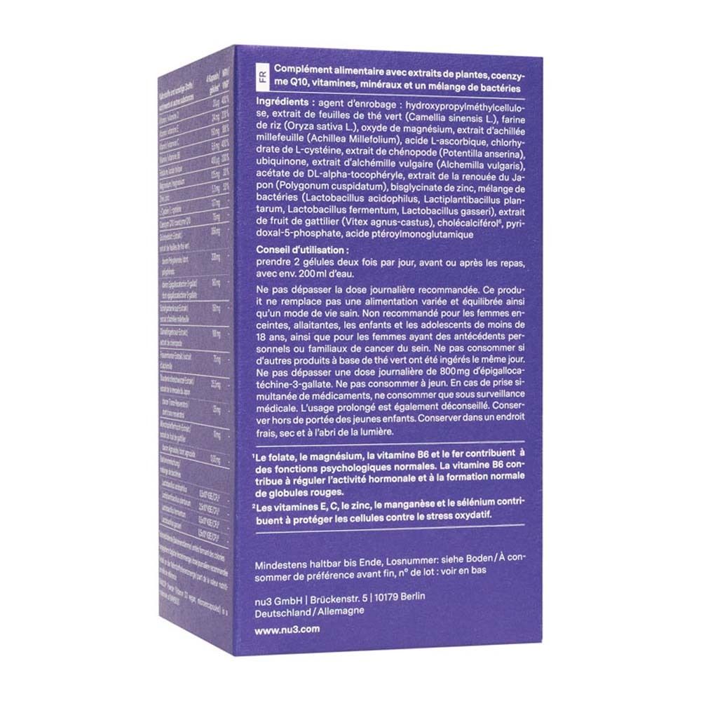 Retro della confezione blu. Contiene informazioni sugli ingredienti e sui valori nutrizionali. Scritta: nu3 Endo Support Complex.