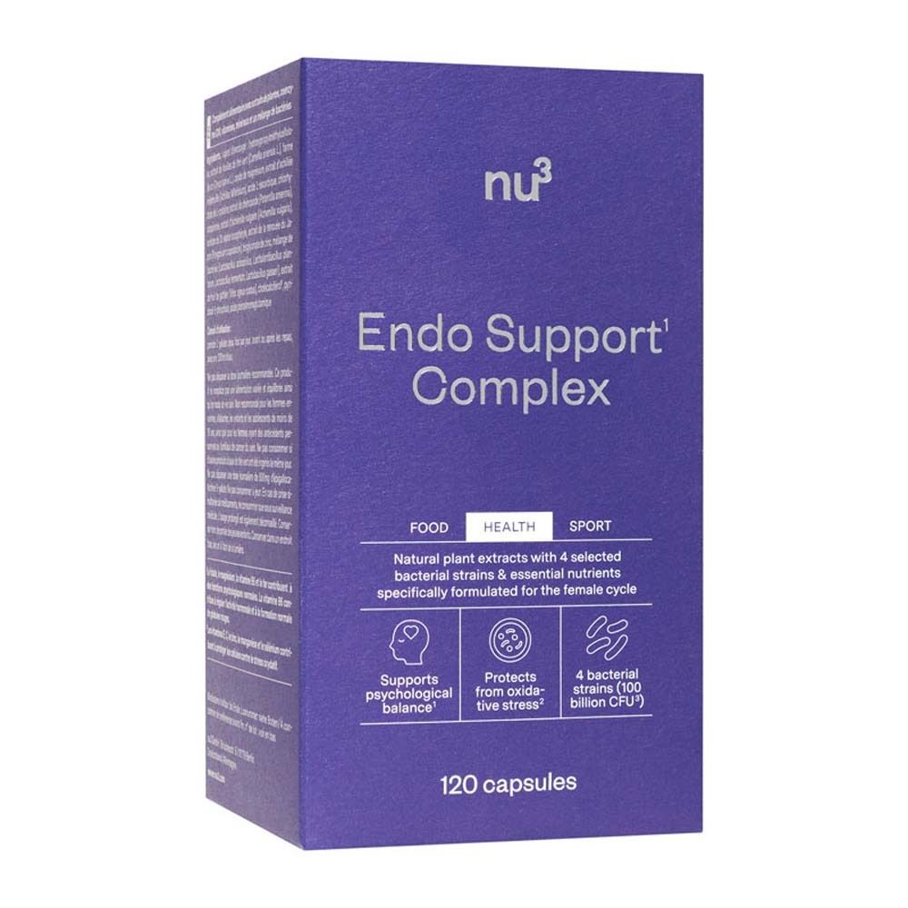 Confezione blu con scritta: nu3 Endo Support Complex. Contiene 120 capsule. Per salute, sport.