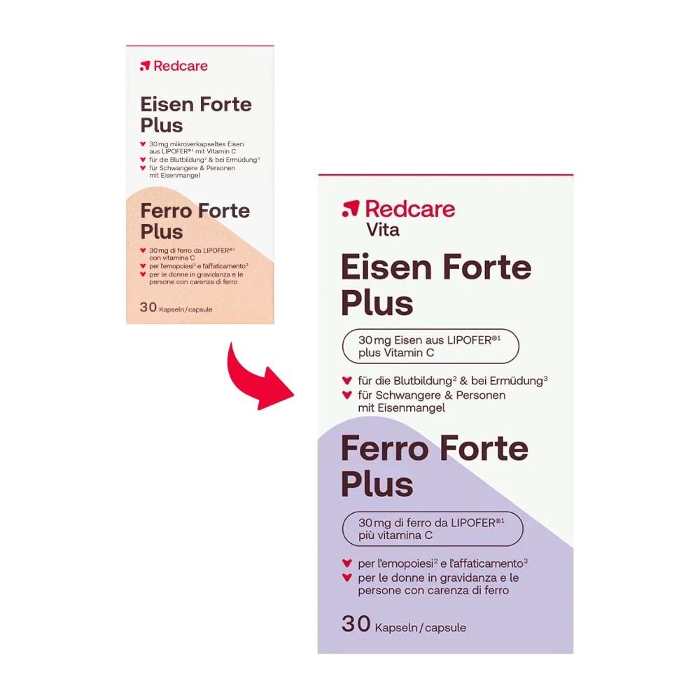 Immagine ingrandita della confezione di Redcare Eisen Forte Plus. Scritta: 30mg di ferro da LIPFER® più vitamina C. 30 capsule.
