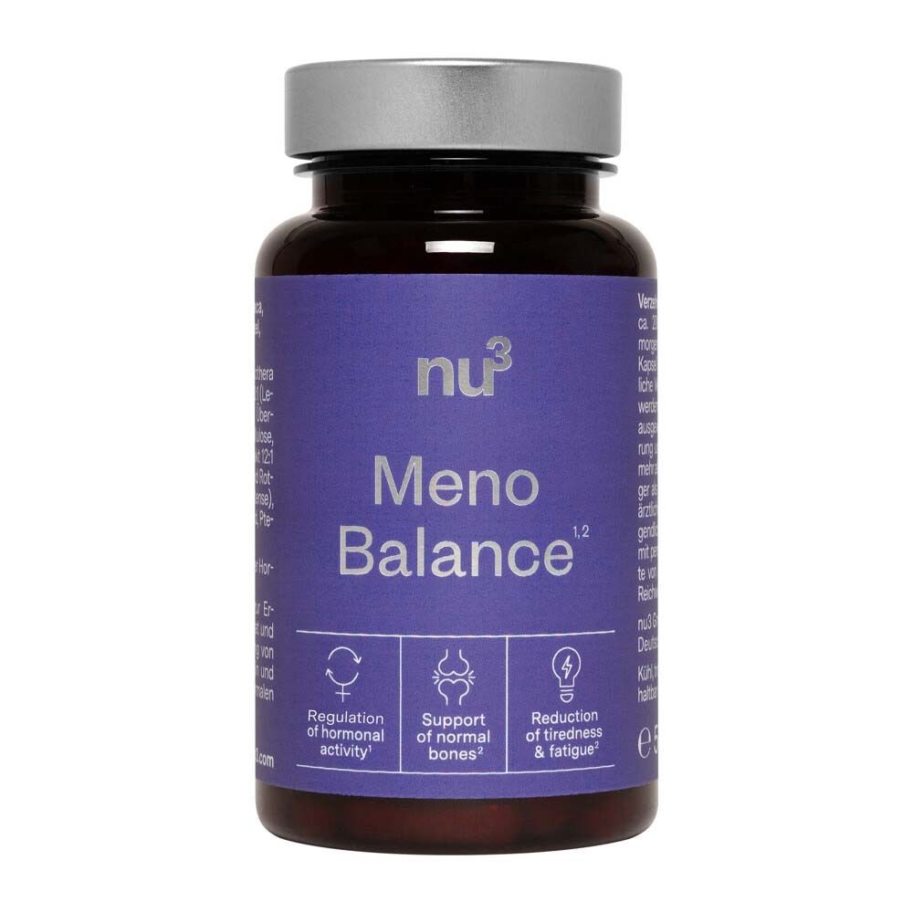 Flacone marrone nu3 Meno Balance con tappo argentato. Etichetta viola con testo bianco. Capsule per l'equilibrio ormonale.