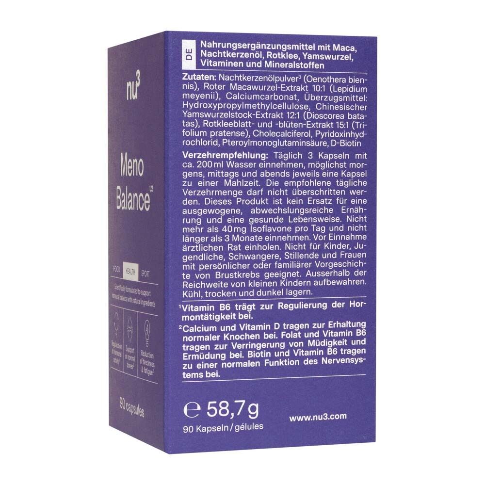 Retro di una scatola viola di nu3 Meno Balance. Testo in tedesco con ingredienti e istruzioni per l'uso.